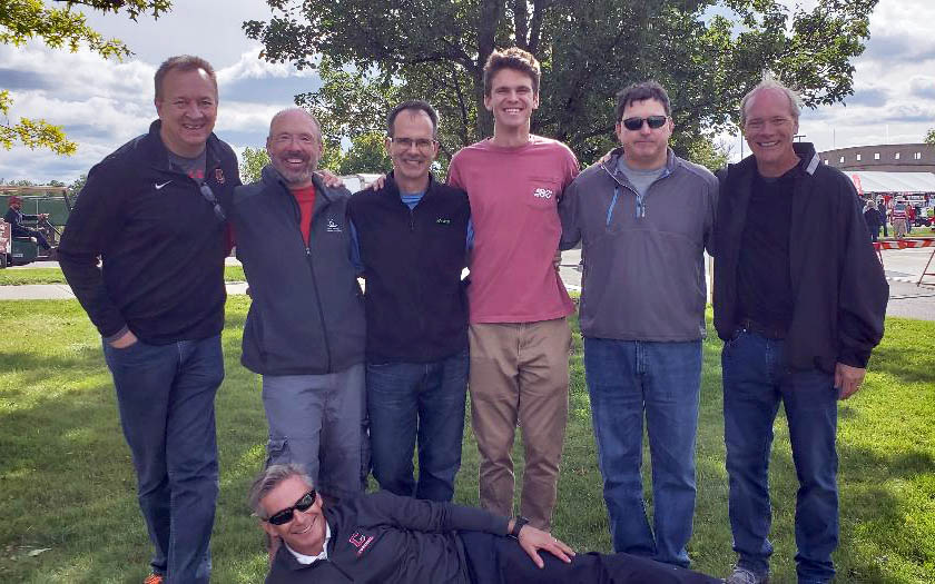 Football pre-game with the Wolcott family: Jaan Janes ’85, Doug MacGlashan ’85, Ted Heinrich ’84, Sam Heinrich, Mark Vanacore ’84, Brett Wood ’85, and Mark Wolcott ’83